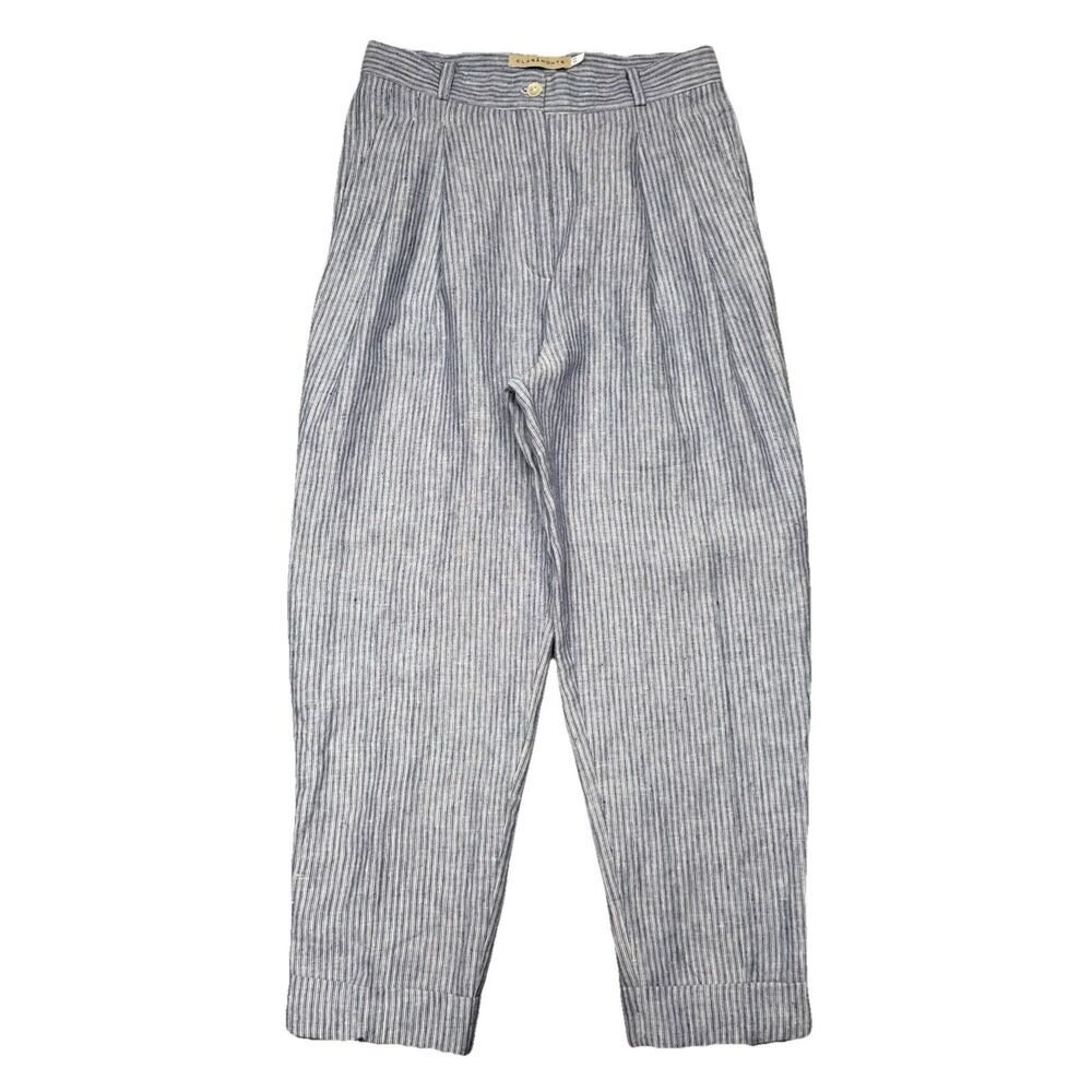 Claramonte Ankle Crop Pants 40 US 8 (29x25.5) Blue Pinstripe Pleat Cuffed Womens